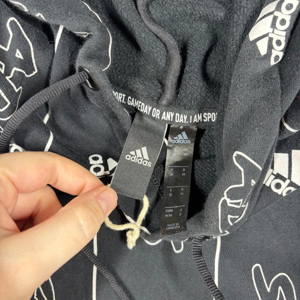Adidas Hoodie Mens M Black White All Over Print Logo Pinstripe Sweatshirt